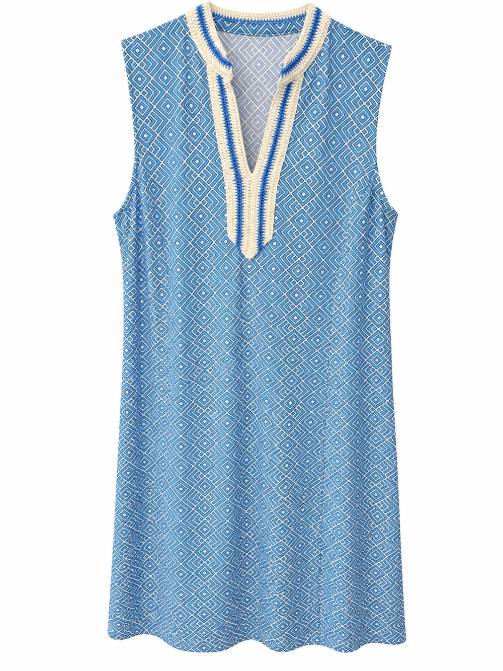 Sleeveless Blue Diamond-Print Mini Dress with Cream Trim